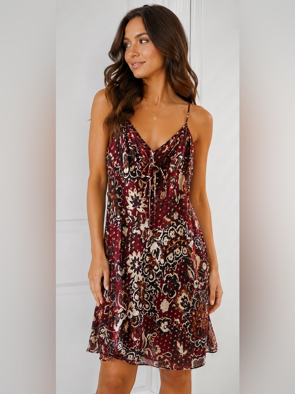 Y2K Ann Taylor Loft Burgundy Floral Silk Blend Gold Metallic Midi Slip dress 6P
